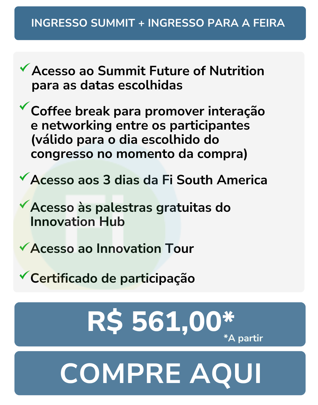 Quadro com benefícios do ingresso Summit